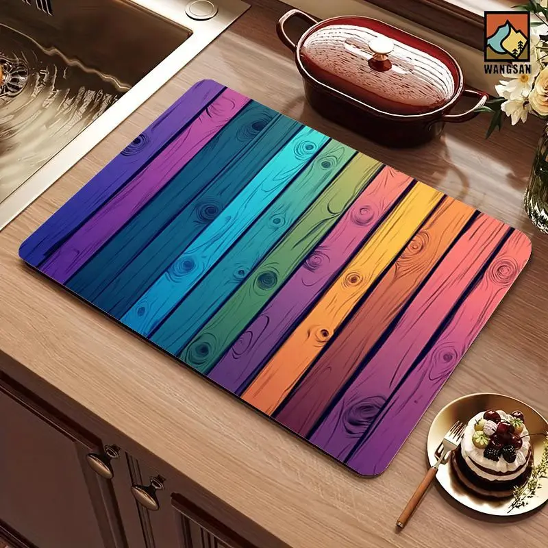 VIKAMA Colorful Striped Drain Mat Wood Grain Printed Absorbent Kitchen Countertop Mat Coffee Machine Table Top Home Decor