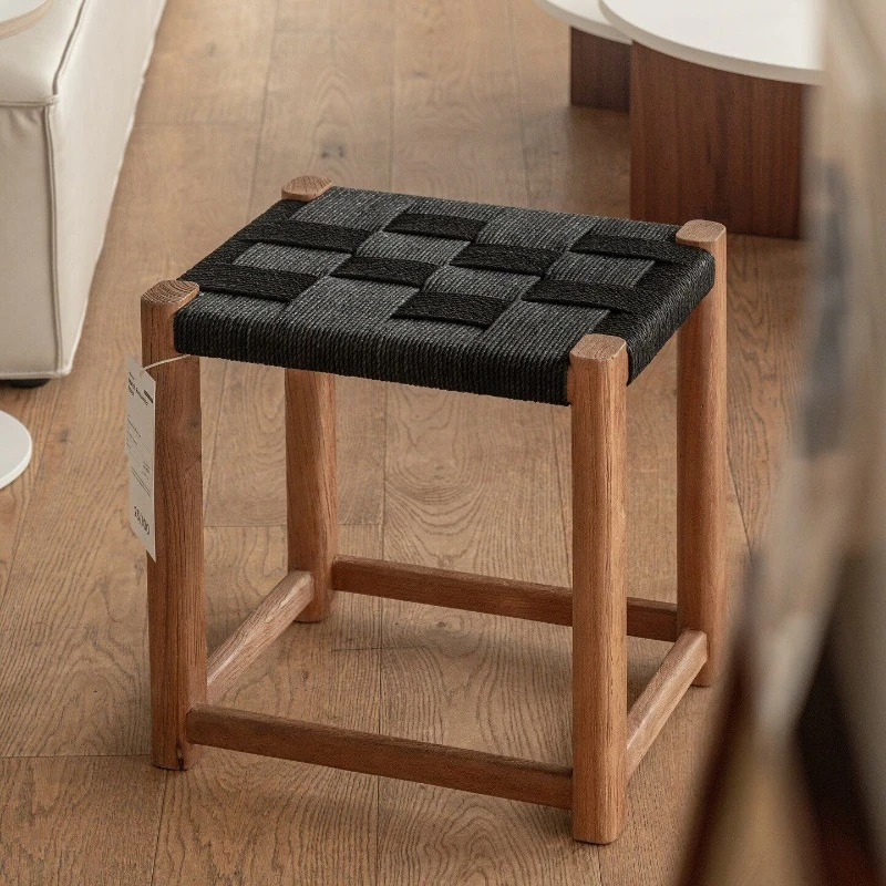 

French Retro Solid Wood Stool Japanese Wabi Sabi Style Handmade Rope Woven Dressing Stool Living Room Furniture Hocker Holz