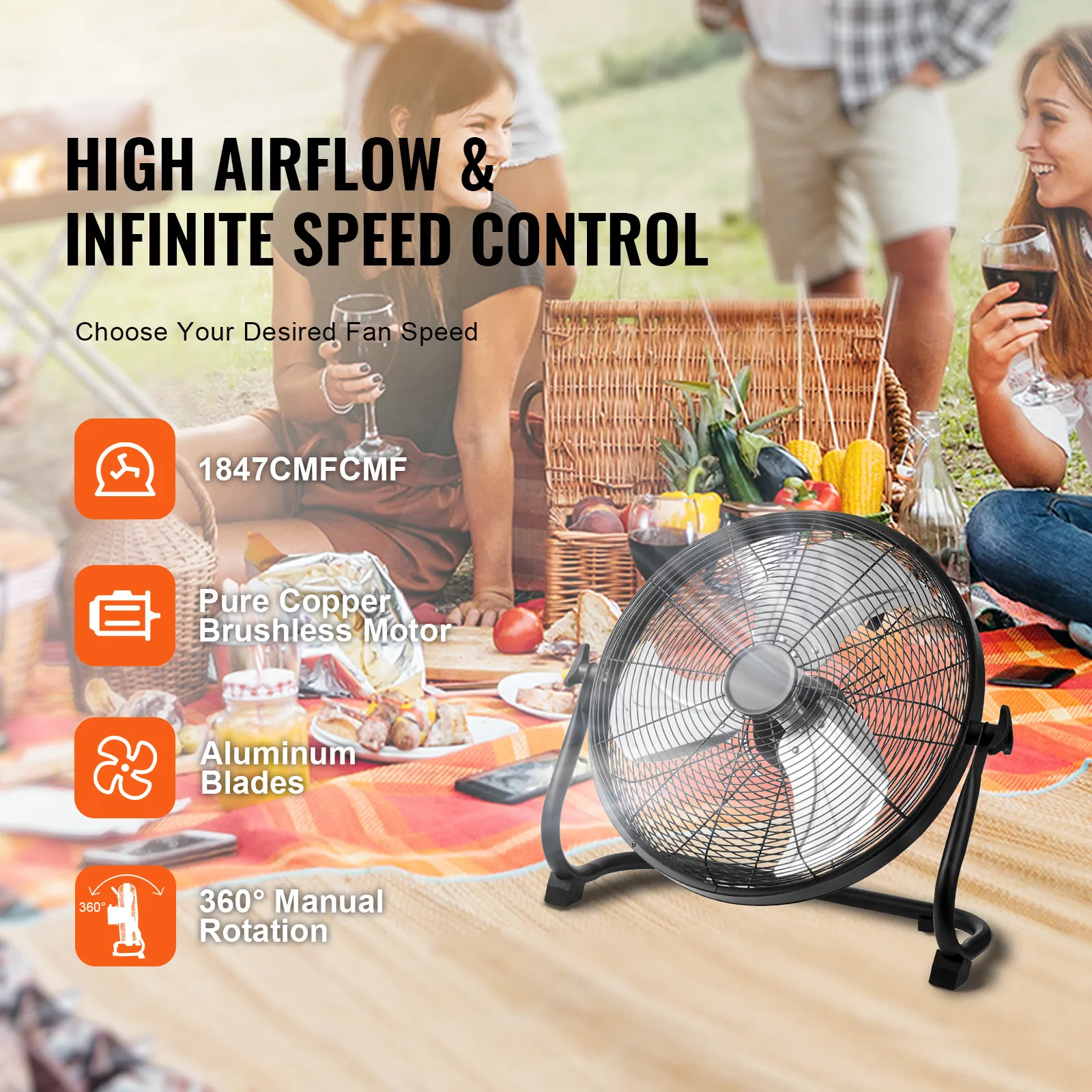 

16-дюймовый беспроводной вентилятор, сверхмощные металлические вентиляторы с регулируемой скоростью, наклоном на 360 градусов