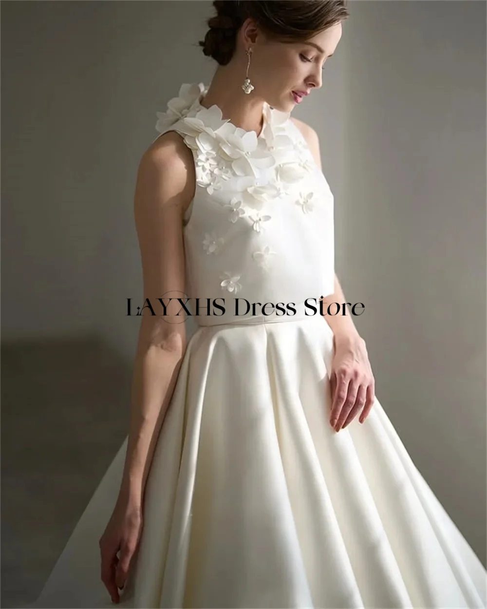 Eleganckie, ręcznie robione suknie ślubne z kwiatami 3D, dwuczęściowe, satynowe suknie ślubne w kolorze kości słoniowej z trenem, vestidos de novia, szyte na miarę