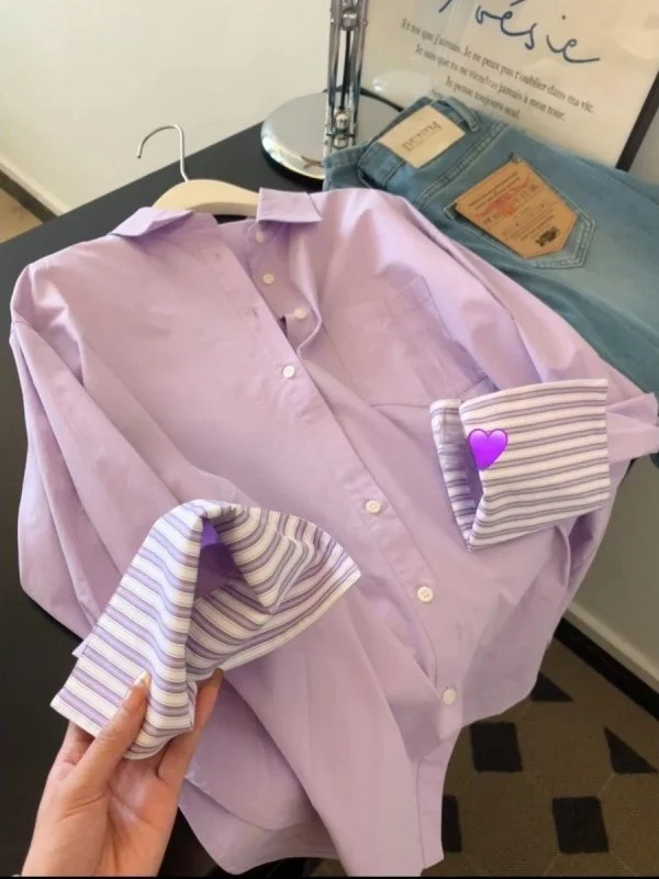 

Уникальная фиолетовая полосатая рубашка с длинным рукавом в стиле пэчворк, элегантный красивый женский топ, весна 2026, новый стиль, мягкий, свободный крой