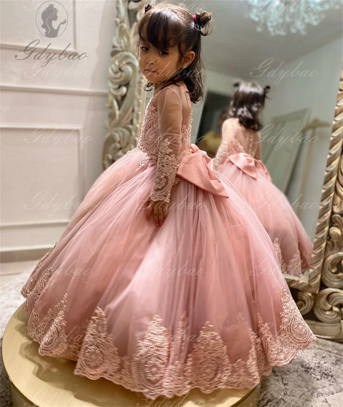 Custom Lace Flower Girl Dress Long Sleeves Floor Length Pageant Dresses First Communion Dresses Ball Gowns For Dark Pink