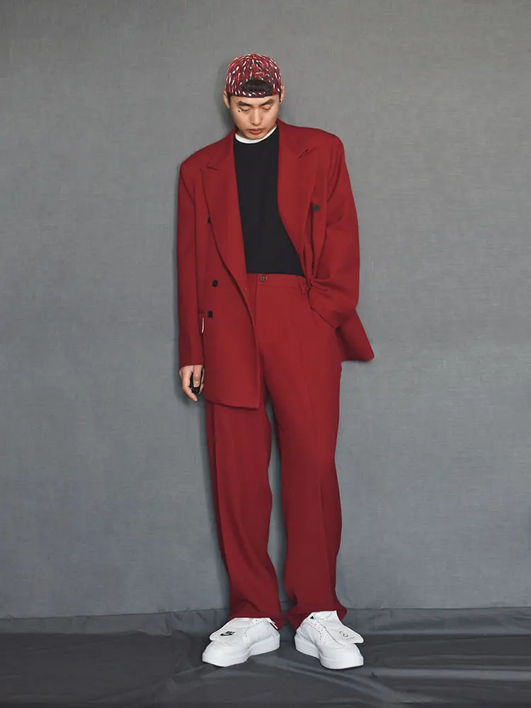 Business Men Casual Work Two Piece Set Red Double Breasted Blazer Jacket Pants Oversized Loose Fit Stage Show Suit Matching Sets