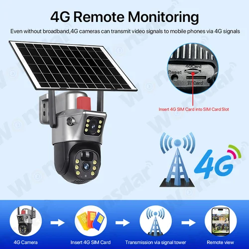 Imagen 2 del producto Cámara Solar con tarjeta SIM 4G, 8MP, 4K, HD, doble lente, IP66, impermeable, cámara de vigilancia de seguridad exterior, batería de larga duración V380