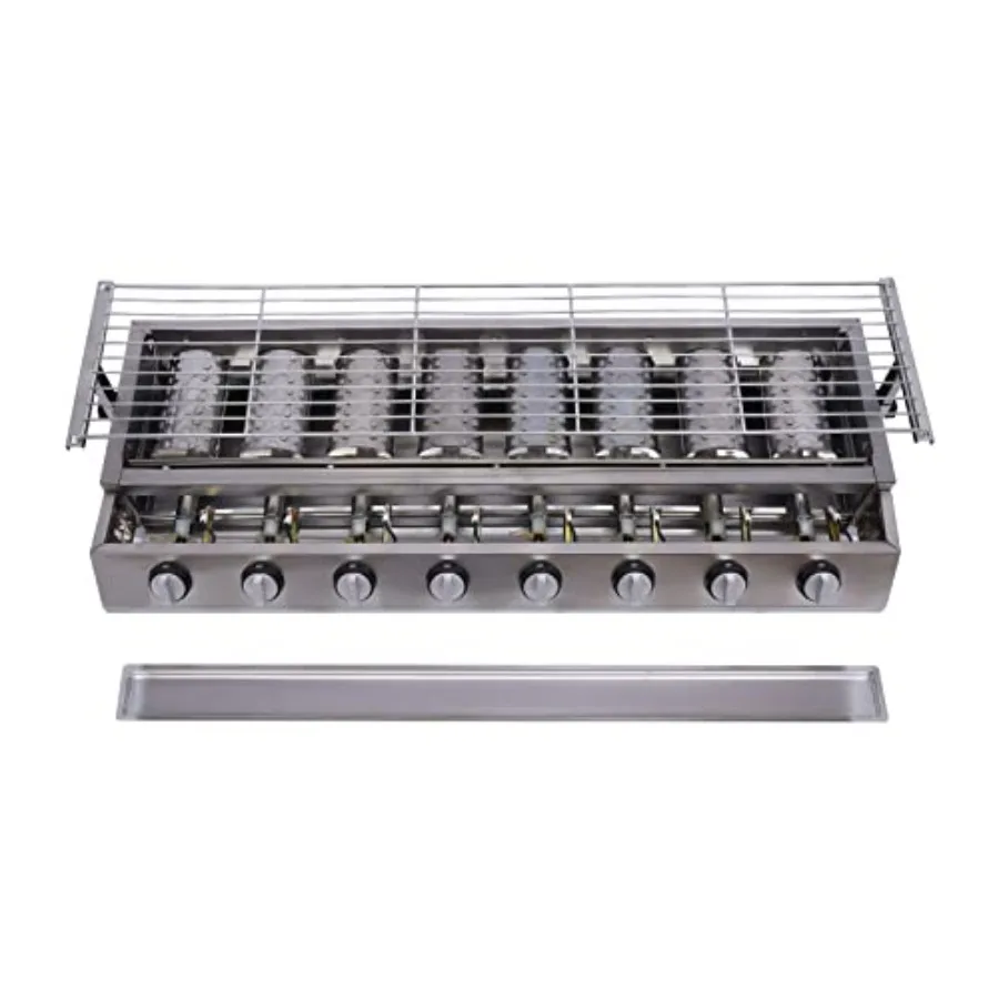 Plancha de Gas Comercial de 8 Quemadores con Parrilla Yakitori sin Humo, Altura Ajustable, Plancha Interior de Propano LPG Extraíble
