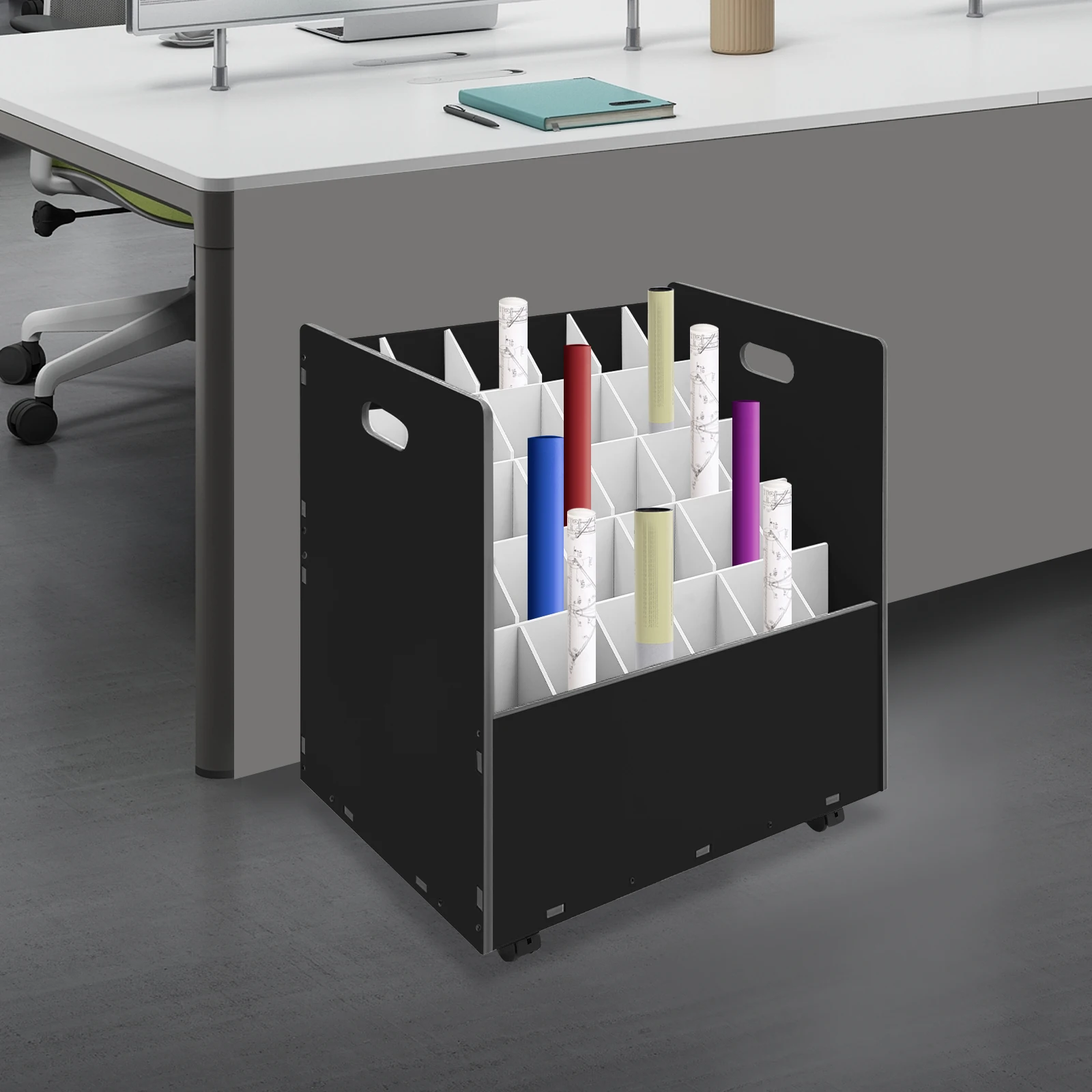 Rak Penyimpanan File Gulung Seluler, Lemari Penyimpanan File Gulung dengan Roda, Organizer Penyimpanan File Gulung 30 Slot dengan Roda