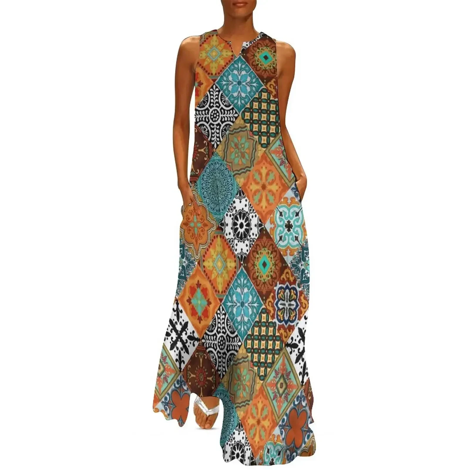 

Talavera Tiles rust orange aqua turquoise blue black white Long Dress women's summer dresses 2025 Dress