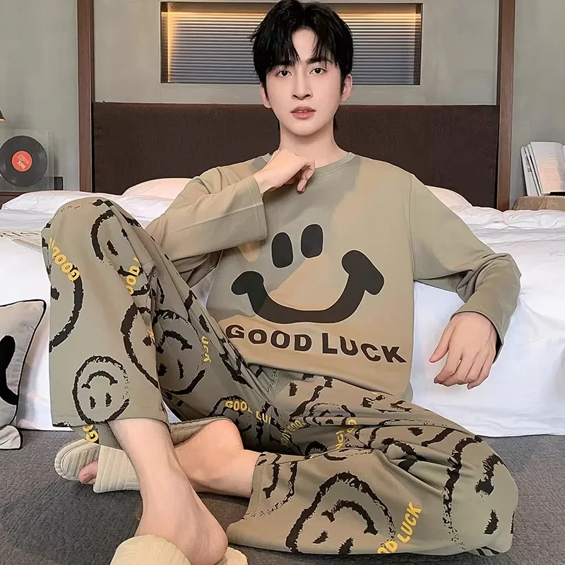 

Plus Size Men Pajamas Set Autumn Winter Plaid Solid Color Student Sleepwear Homewear Long Sleeve Trousers Nightwear Loungewear