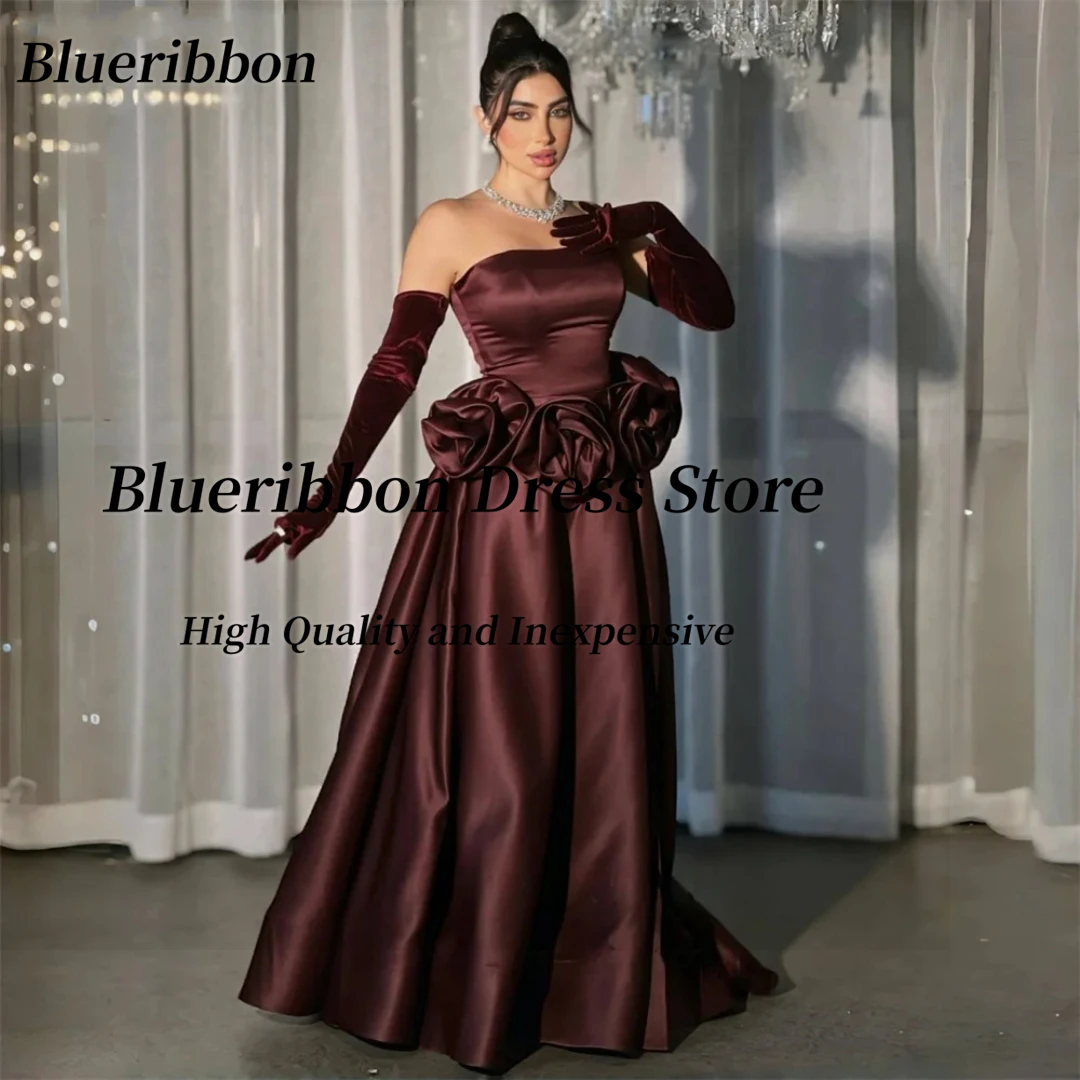 Blueribbon Saudi Women Wear Strapless Prom Dresses with Flowers Long Ruched Satin Evening Party Gowns Customized платье вечернее