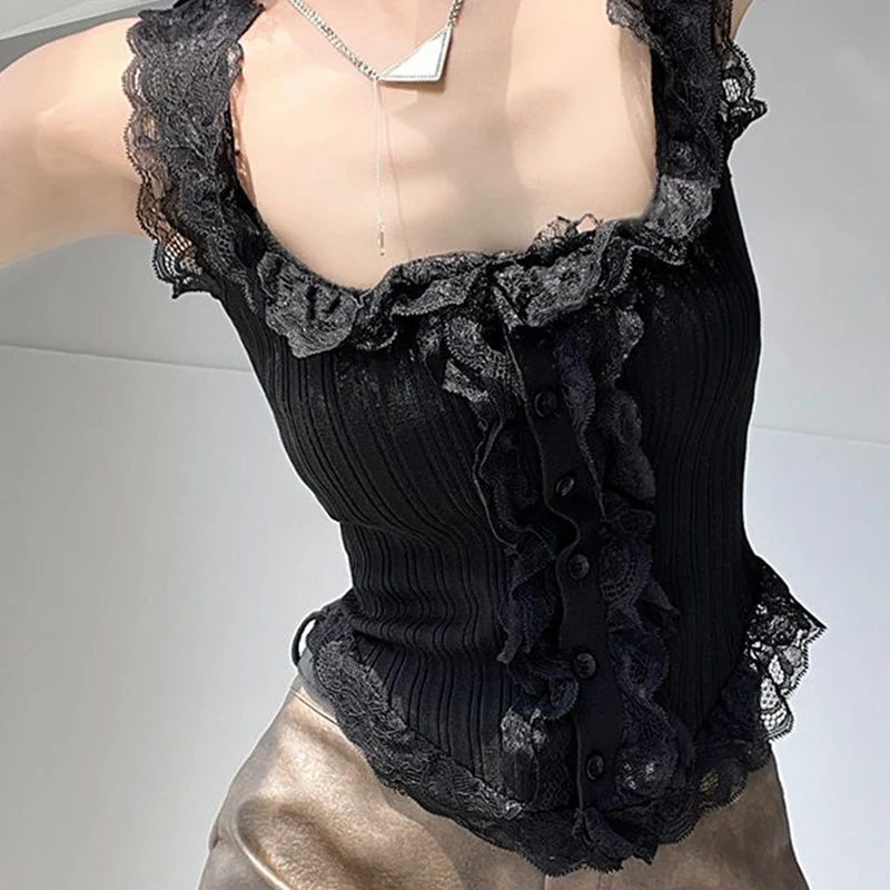 Seksowna Koronkowa Słodka Wąska Kamizelka Damska Letnia z Kwadratowym Dekoltem i Imitacją Guzików