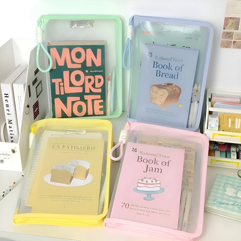 

Portable File Folder Case Transparent Handle Storage Organizer Bags A4 Zipper File Bag Candy Color Stationery Holder Supplies