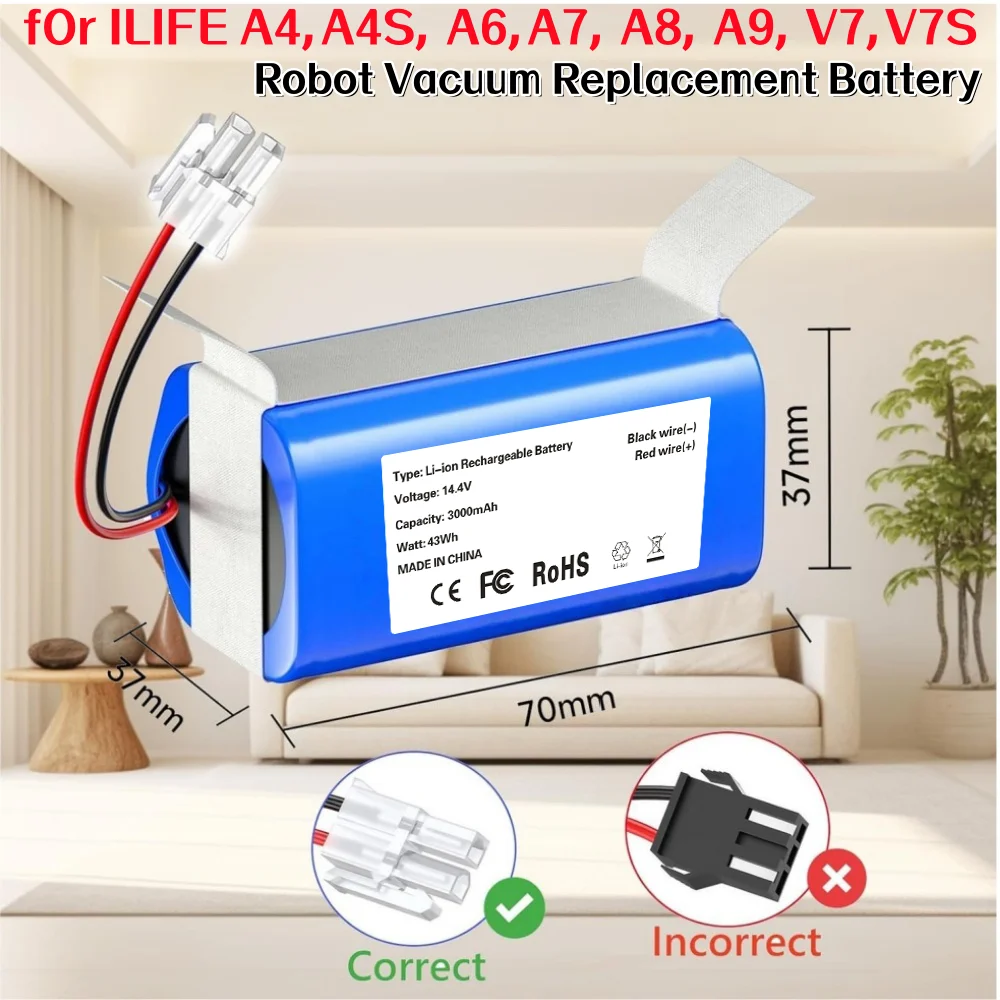 NEW 14.4V/14.8V 3000mAh Li-Ion Replacement Battery for iLife A4/A4s/A6 V7/V7s-Plus/V7s-Pro X620 Robot Vacuum Cleaner.