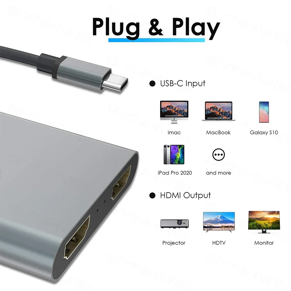 2 منفذ USB C Hub إلى مقسم HDMI مزدوج 4K 60HZ شاشة مزدوجة توسيع نوع C محطة إرساء لأجهزة الكمبيوتر المحمول Macbook والهاتف المحمول والكمبيوتر #6