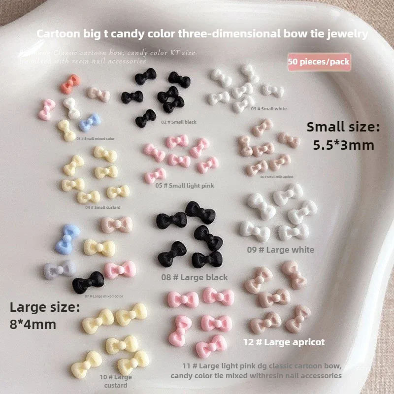 50 Stück 3D Mini KT Schleife Nagel Charms – gemischte bunte Harzbänder für Kawaii Maniküre Harz Schleife Nagelzubehör süß