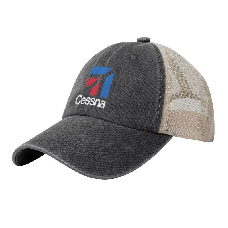 Custom Cessna Logo Print Mesh Back Baseball Cap Low Profile Trucker Hat Washed Distressed Cotton Denim Caps Summer Sun Visor Hat