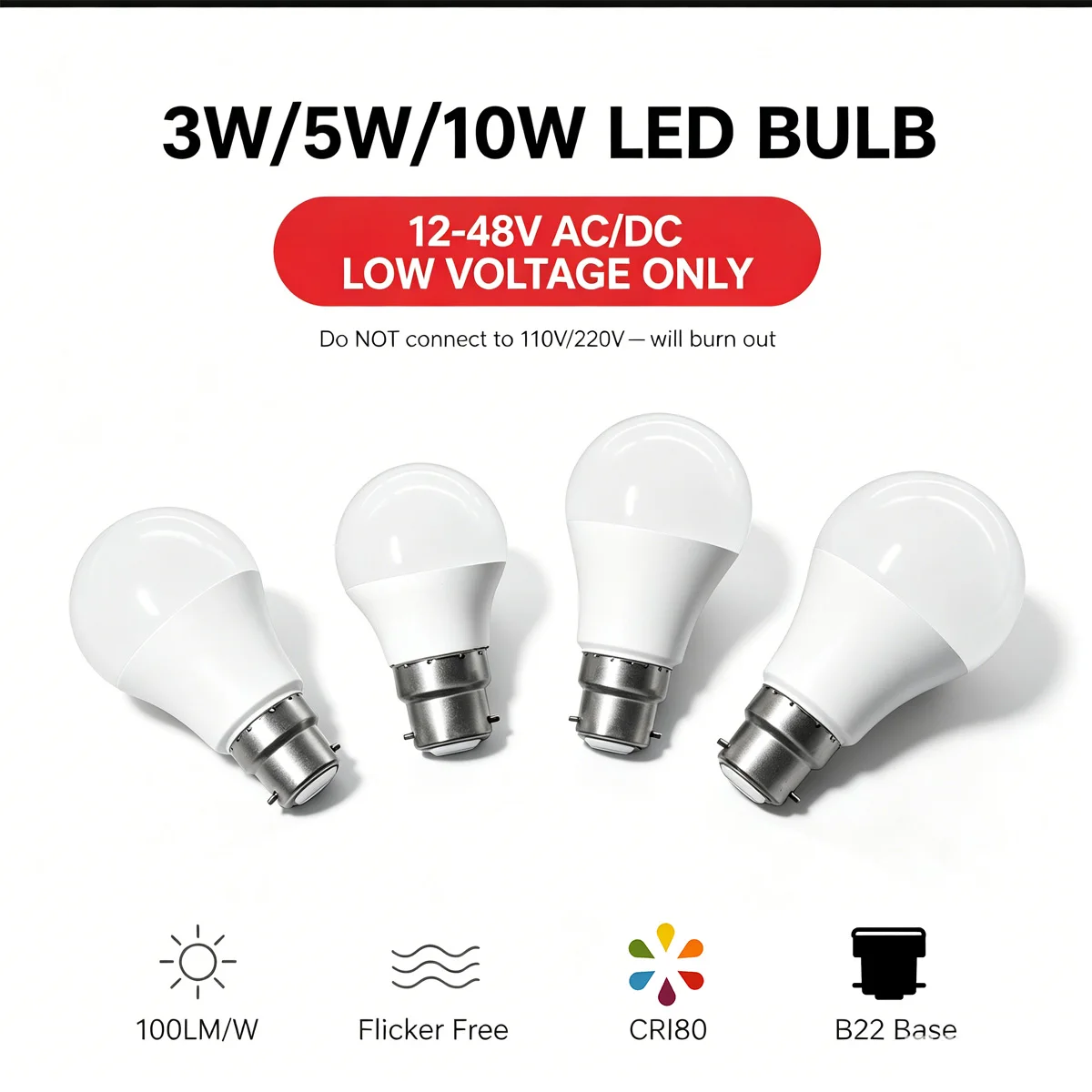 B22 Base LED Bulb AC DC 12V 24V 48V 3W 10W  Low Voltage 3000K‑6000K Warm Cold Lighting For RV Boat Yacht Solar System Cabin Lamp