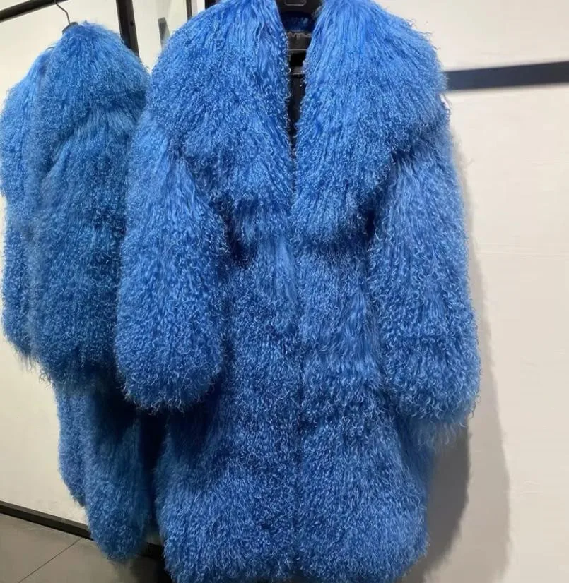 女性のモンゴルヤギ革ベルト襟リアルファーコートロング、自然に暖かくファッショナブル