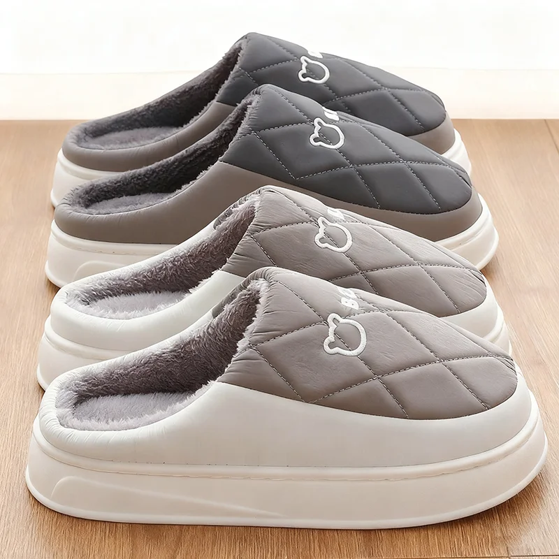 

Men's House Slippers Winter Warm Plush Bedroom Shoes Waterproof Cotton Slippers For Women Indoor Outdoor Soft Couple Shoes
