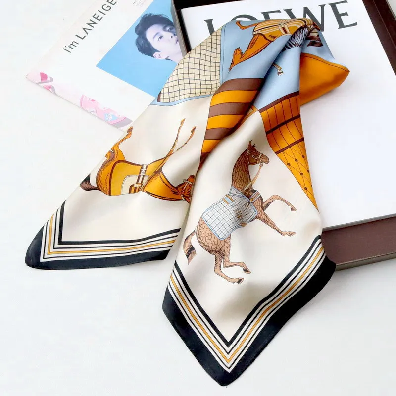 

Horse Print Small Silk Scarf Square Head Bandanas Women Mulberry Scarves Neck Hair Foulard Femme 65cm*65cm Valentine's Day gift