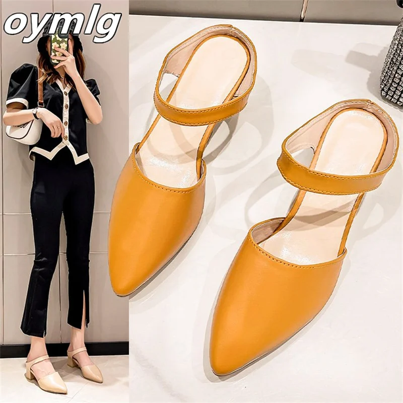 

Pointed toe mid-heel half slippers large size ladies sandals 2022 Baotou small high heels thick heels simple single shoes women