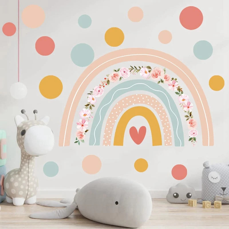 Large Rainbow Flower Wall Stickers Boho Polka Dots Wall Decal Vinyl For Room Kids Nursery Playroom Classroom Wall Decor