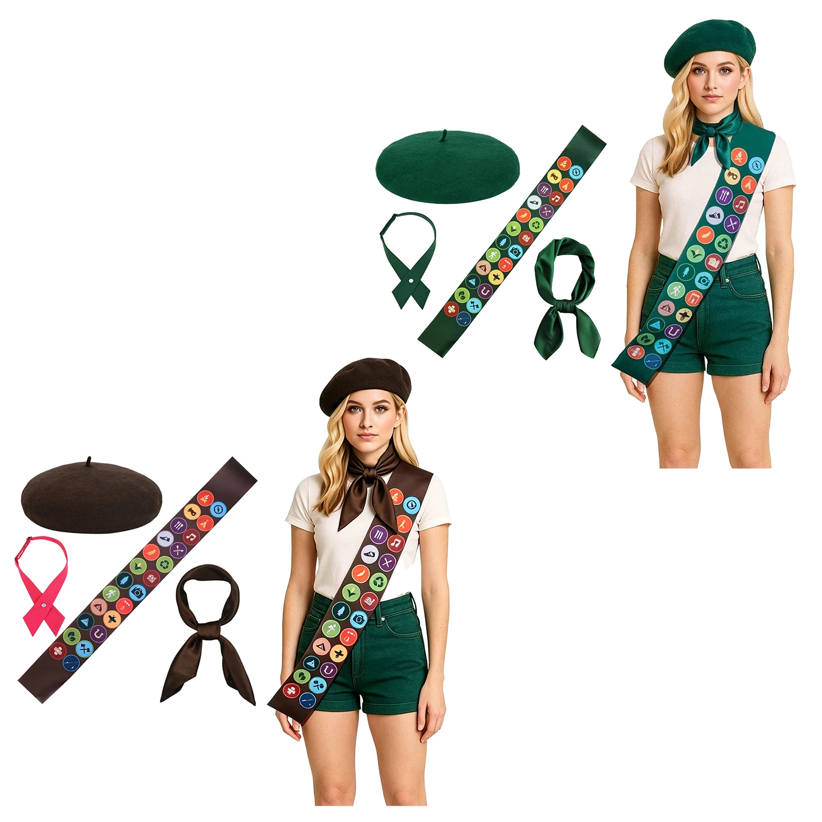Halloween Neck Scarf Beret Hat with Badges Print Sash And Adjustable Crossed Bow Tie Costume Accessories for Stage Performance