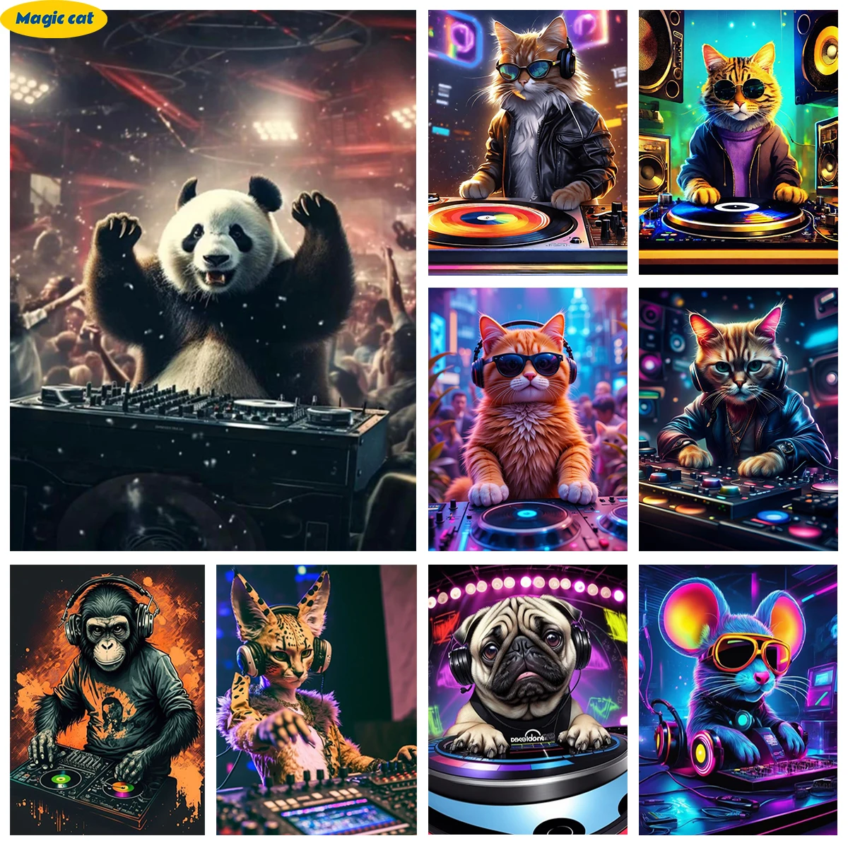 

Animal DJ DIY Diamond Art Painting Bar Mouse And Cat Mural Hand Rhinestone Embroidery Kids Gift Mosaic Style Trend Home Decor