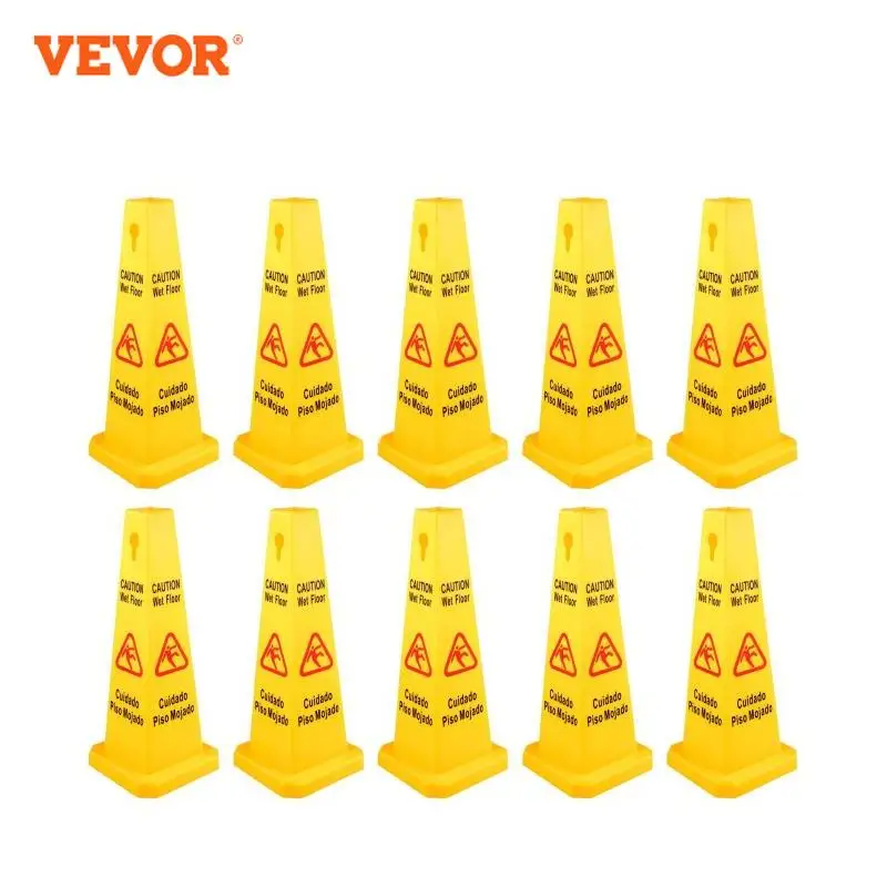 VEVOR 10 Pack Spanish English Bilingual Language Wet Floor Caution Sign Yellow PP Material 4 Sided Cone for Stackable for Public