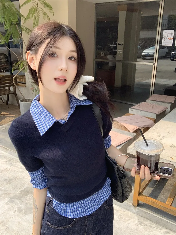 

Комплект из двух предметов: свитер и юбка в клетку в корейском стиле для ранней осени, женский модный комплект для многослойного образа в студенческом стиле