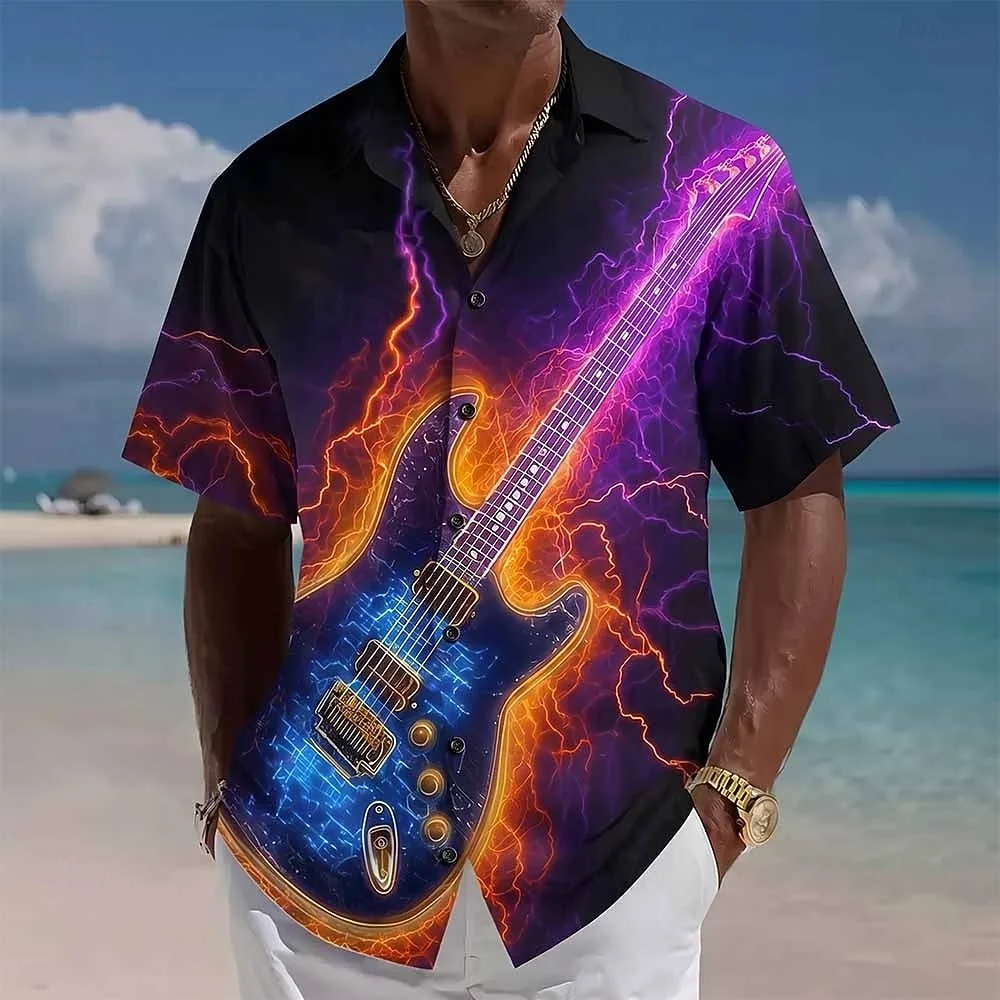 Men Music Guitar Starry Sky Print Short Sleeve Shirt Summer Beach Casual Lapel Button Down Loose Fashion Golden Graphic Tops