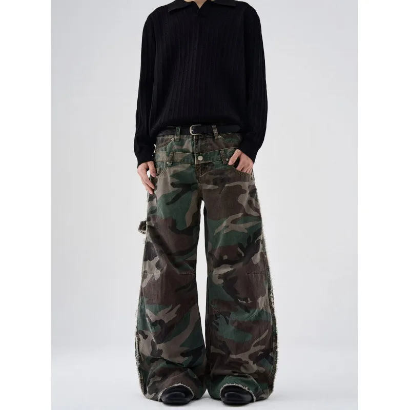 【Mirrordust】New Lazy Fashion Camouflage Jeans Versatile Simple Japanese Style Trendy Long Pants for Men and Women