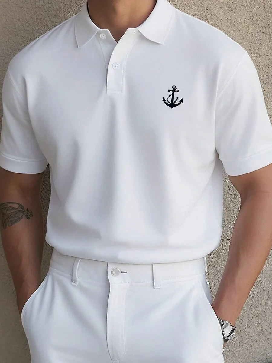 

Men's White Short Sleeve Casual Polo Shirt with Nautical Anchor Embroidery