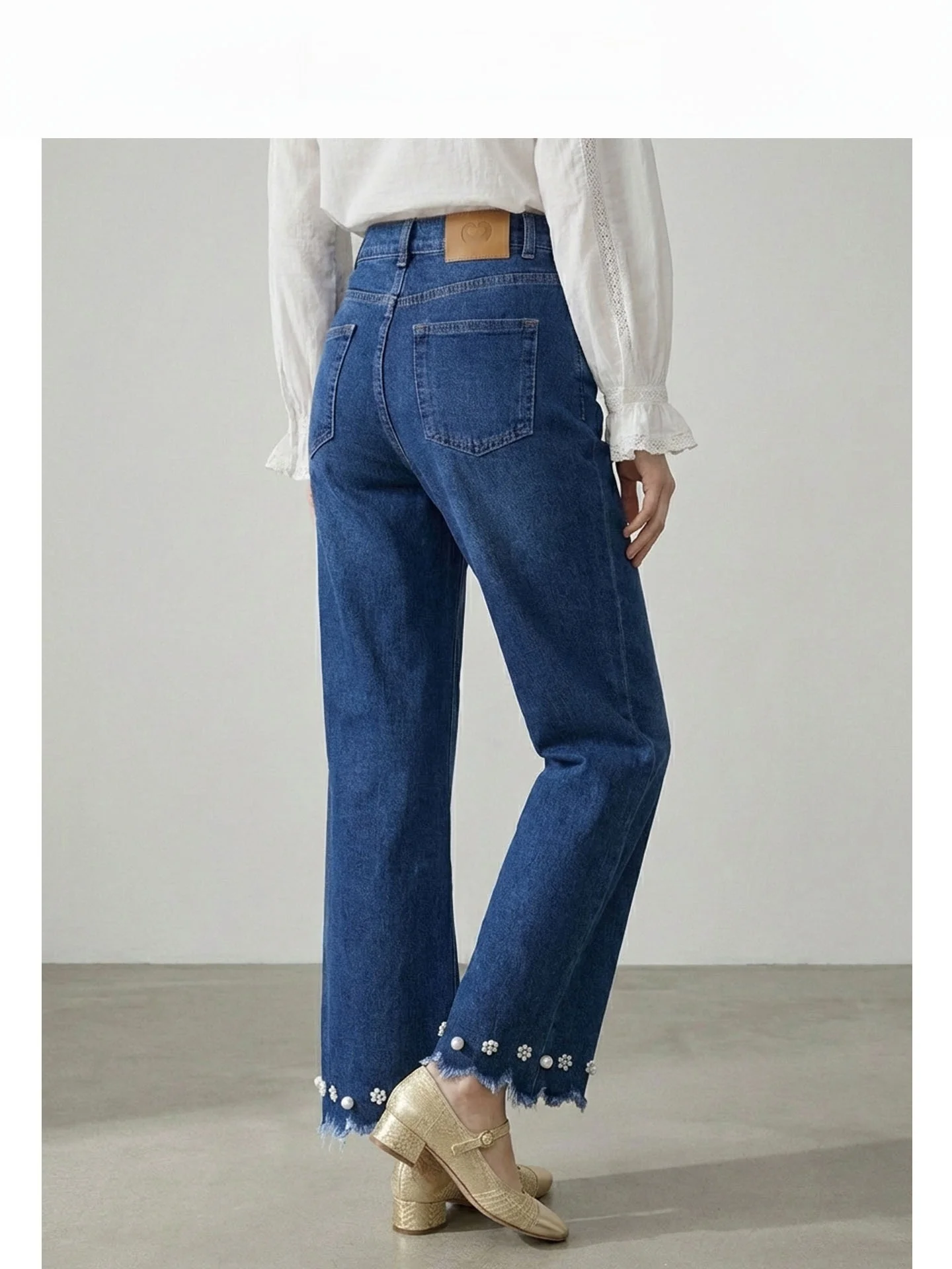 

Retro Heavy Work Pearl Petal High Waist Slimming Flared Jeans Women's New Style Elegance Long Pants Cotton Spring