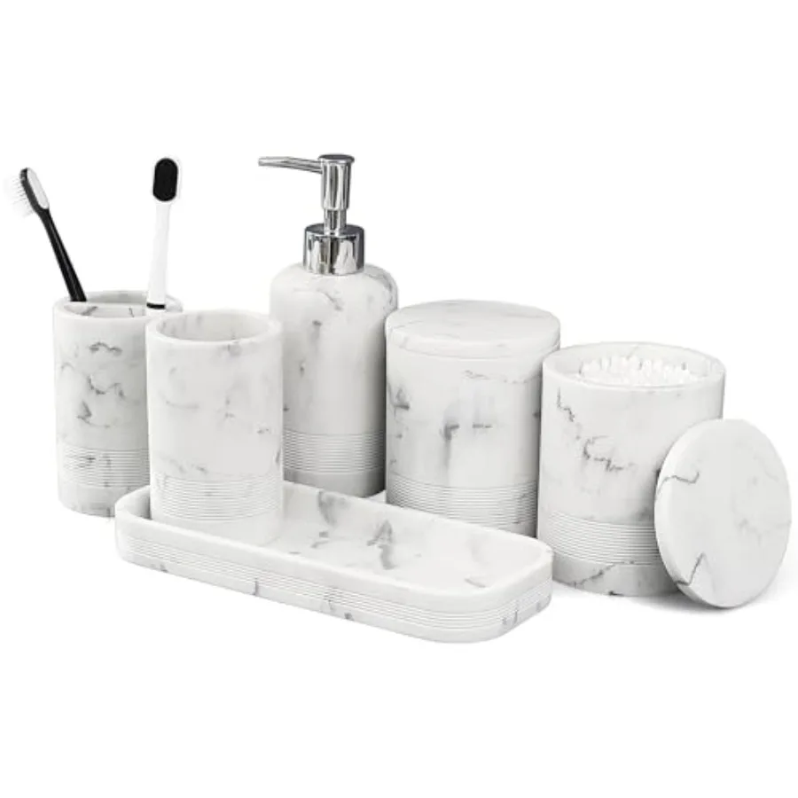 

Набор из 6 предметов для ванной комнаты: органайзер с дозатором для мыла, подставкой для зубных щеток, подносом для туалетных принадлежностей, стаканом и 2 ватными палочками