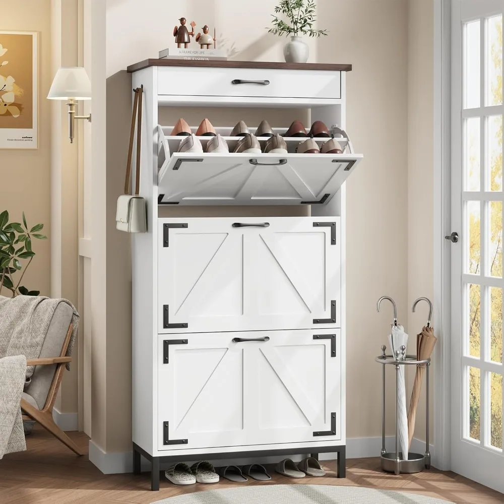 

Shoe Cabinet Storage for Entryway, Freestanding Organizer with 3 Flip Drawers, Narrow Shoe Rack Cabinet for Living Room