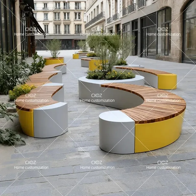Curved Wrought Iron Outdoor Flower Box Bench Planter Seat for Street Square Municipal Landscape Garden Decoration Finished
