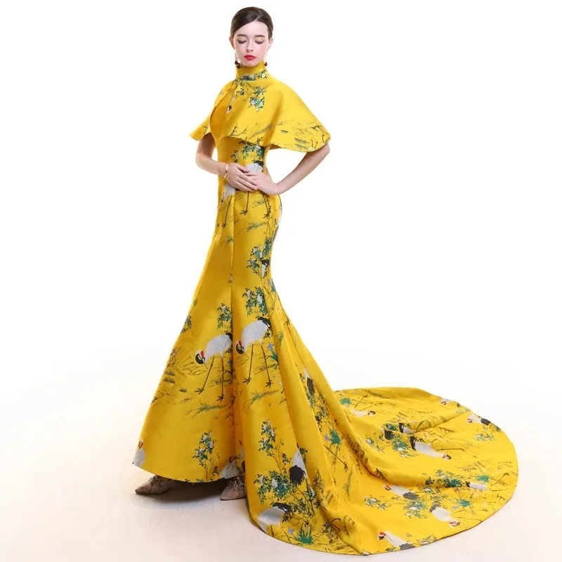 in OrientTown Chinese Compere Traditional Dress Yellow Cheongsam Short Sleeve Qipao Show Mujere Vestido Evening Emcee Dresses