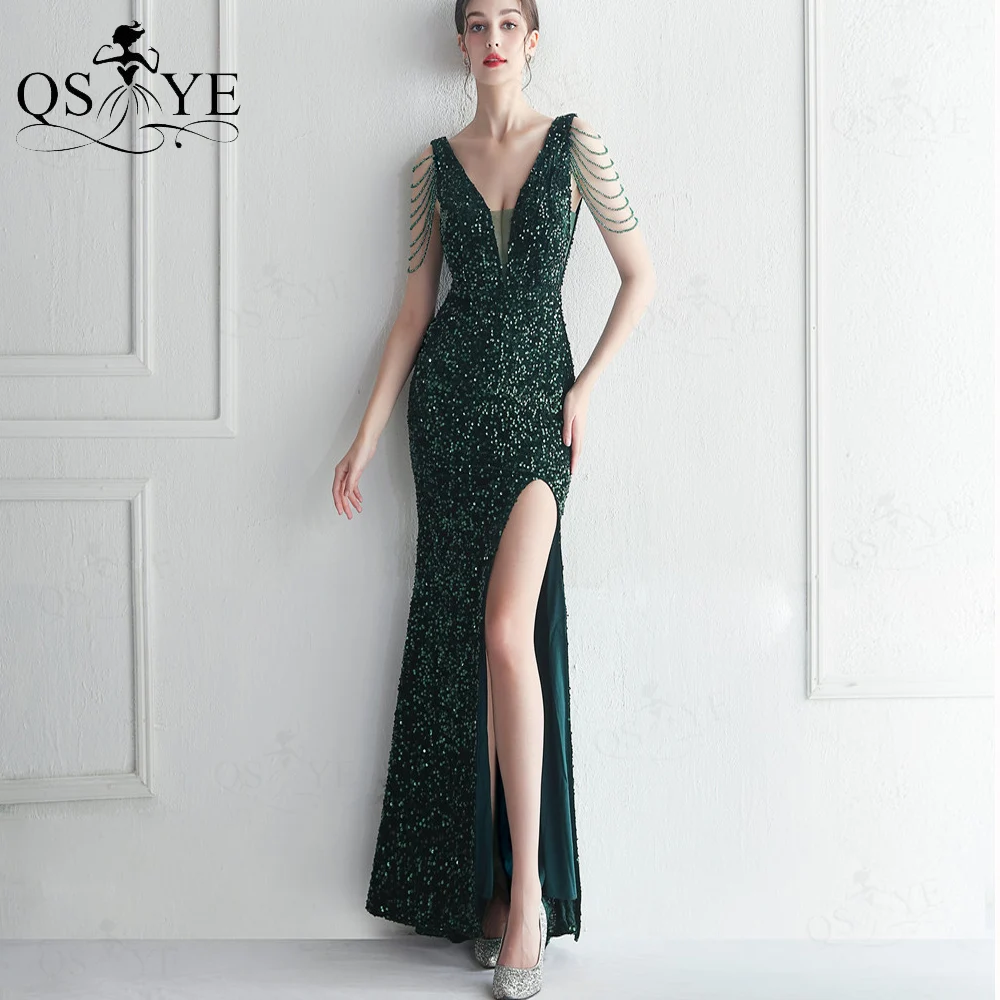 Emerald Sequin Prom Dresses Mermaid Glitter Lace Evening Gown Party Bead Strings V Neck Backless Elegant Fit Green Formal Dress