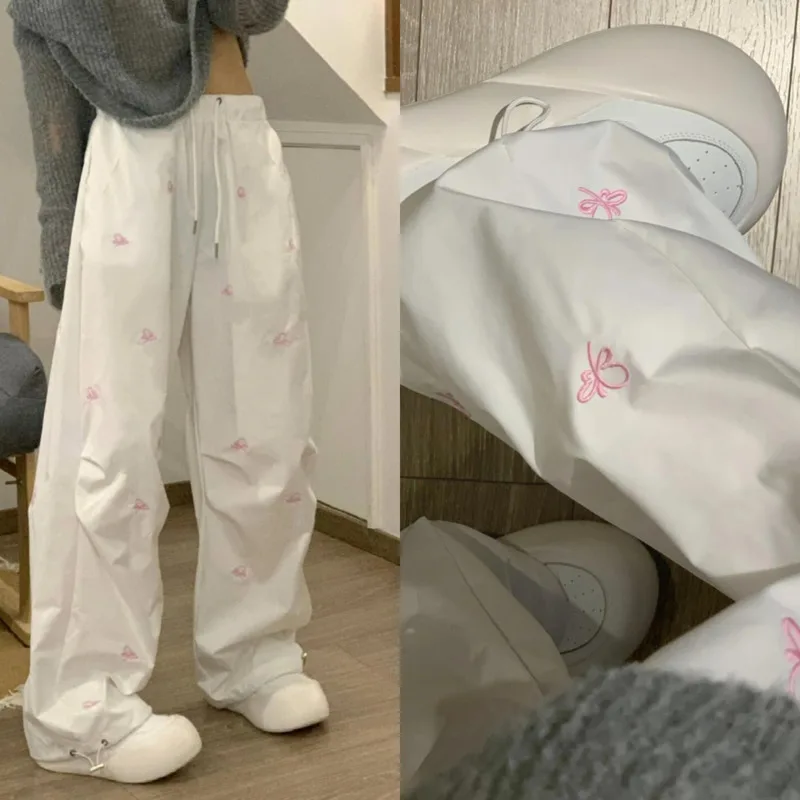 

Elegant Butterfly Embroidered Palazzo Pants Retro White Cargo Straight-Leg Pants Stylish High-Waist Loose Casual Women's Trouser