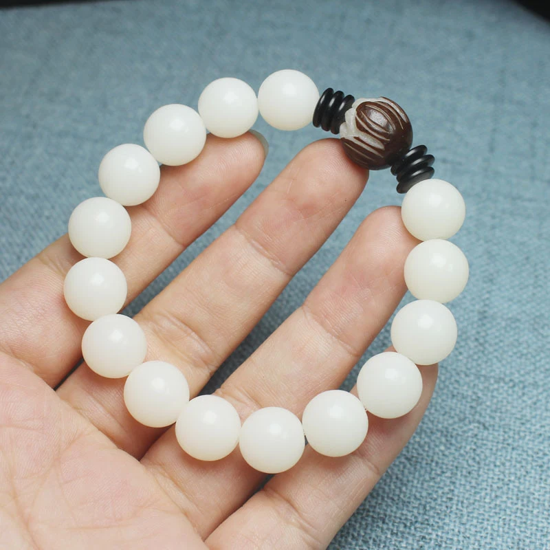 

Root White Jade Bodhi Bead Bracelet with Lotus Design, Vintage Forest Style Unisex Meditation Beads