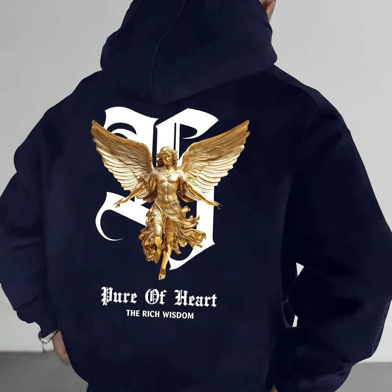 Men's Hoodie, Featuring a Gold Angel Statue, Gothic Lettering 