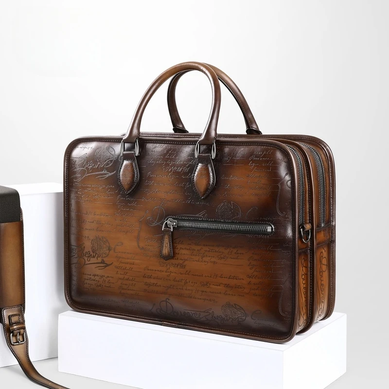 DIMY 2025 briefcase men's leather business niche handmade color retro men's bag double-layer large capacity computer bag handbag
