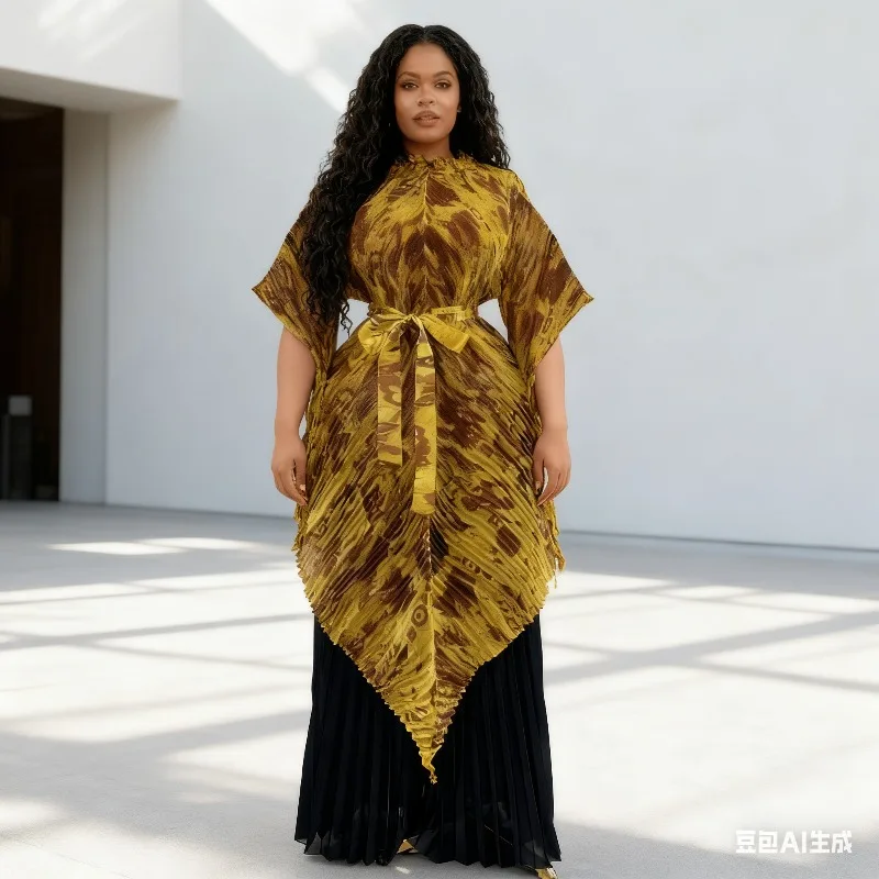 

Miyake плиссированные брюки-плиссе, комплект 2026, весенний новый женский модный повседневный костюм больших размеров со складками, свободный комплект из 2 предметов с абстрактным принтом