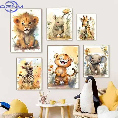 AZNM Watercolor Lion Giraffe Tiger Elephant Zebra Nursery Wall Art Canvas Painting Animal Poster Prints Pictures Baby Kids Room