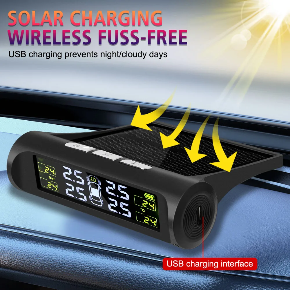 Auto Security Alarm System Car Tire Pressure Monitoring System Digital LCD Display Universal Tyre Temperature Monitor Solar TPMS