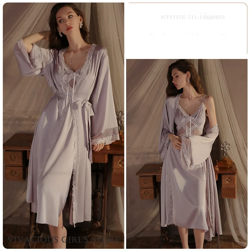 Sexy Lace Female Twinset Robe Set Intimate Lingerie Spring Summer Sleepwear Loungewear Ice Silk Satin Long Nightdress Homewear