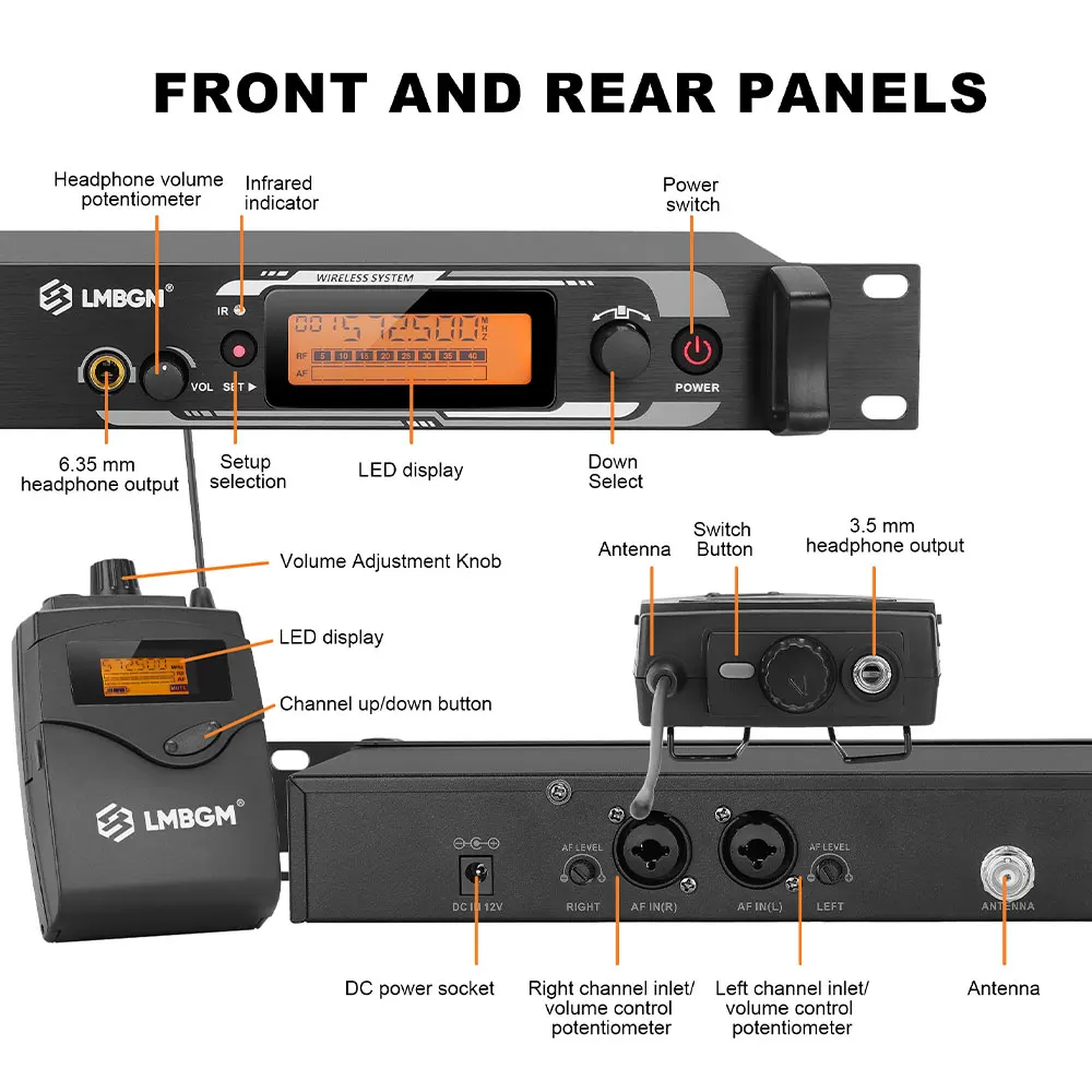 LMBGM AR2090 Pro UHF Professional Wireless In Ear Monitor System Mono Audio 164FT Range Dual Channel Metal Panel Stage Monitor Infrared Pairing 16CH Selectable Frequency for Band Studio Live Performance Church Karaoke DJ Stage Shows (2 Beltpack Receivers) view 8