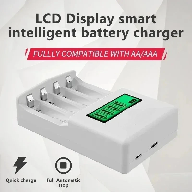 Portable Universal Adapter Charge 1-4 AA/AAA  Battery Charger with LCD Display  USB Cable Type C Interface Fast Charging Tool