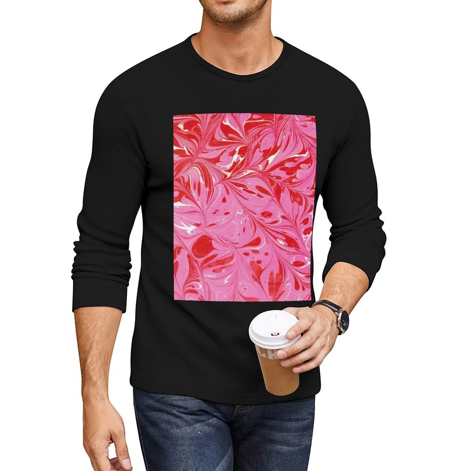 

Traditional marbling art Ebru, handmade , red and pink Long T-Shirt Tee shirt anime tops graphic t shirts mens t shirt graphic