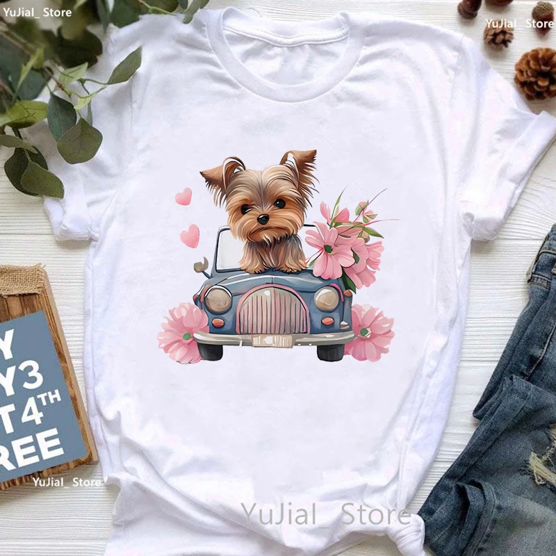 Koszulka ze złotym szczeniakiem słonecznikowym miłośnik psów dziewczęca Kawaii ubrania letnia modny Top koszula Femme Pug/Yorkie/damska T-Shirt hurtowa